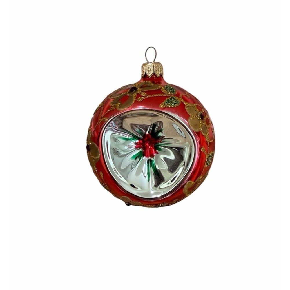 Vintage Christmas Ornament Red Blown Floral Glass Round 3” Diameter